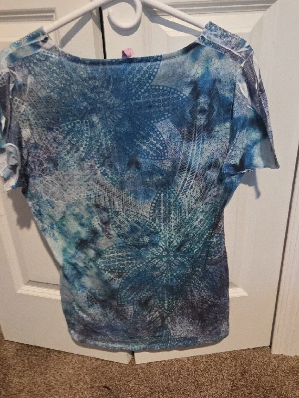 Embellished V-Neck Short Sleeve Top in Blue - Picture 3 of 3